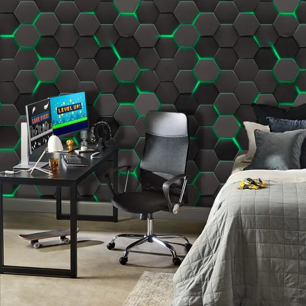 3D Geométrico Gamer Verde — ambiente com o papel de parede aplicado