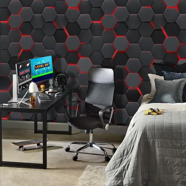 3D Geométrico Gamer Vermelho — ambiente com o papel de parede aplicado
