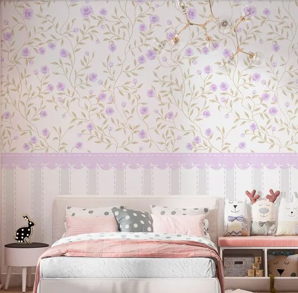 Afeto Aquarela dos Sonhos Lilás — ambiente com o papel de parede aplicado