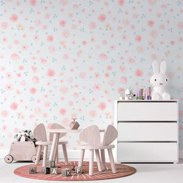 Afeto Delicado Blush — ambiente com o papel de parede aplicado