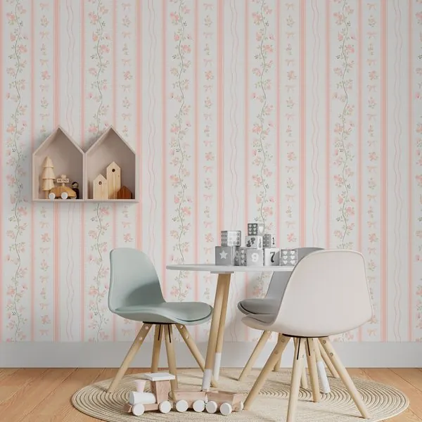 Afeto Floral Delicado Listrado Soft — ambiente com o papel de parede aplicado