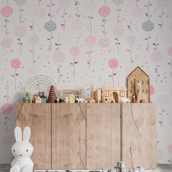 Afeto Flores Abstratas Rosa — ambiente com o papel de parede aplicado