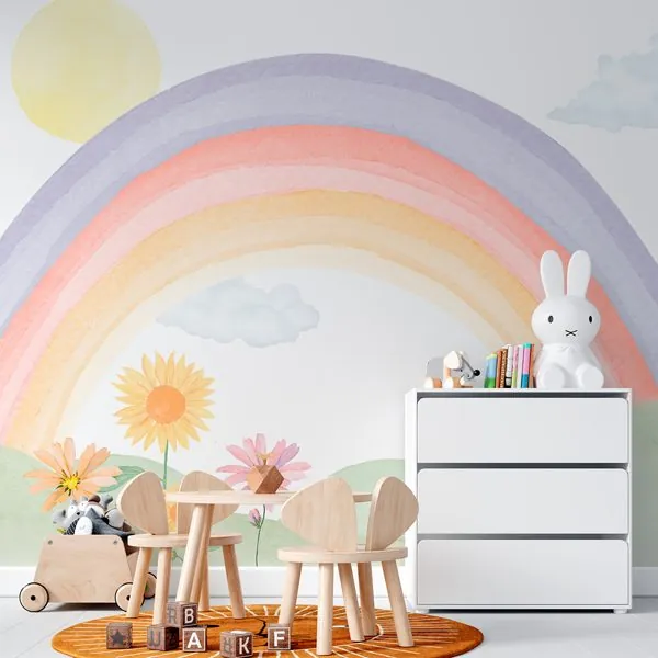 Arco Íris e Colinas Aquarela — ambiente com o papel de parede aplicado