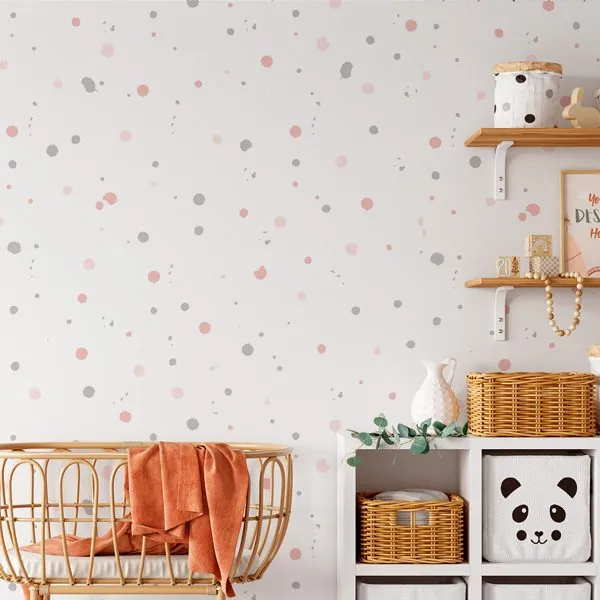 Bolinhas de Tinta Rosa e Cinza — ambiente com o papel de parede aplicado