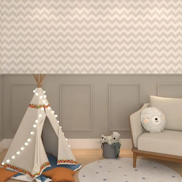 Chevron Cinza Claro — ambiente com o papel de parede aplicado