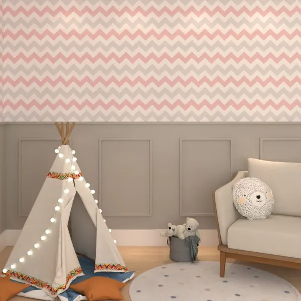 Chevron Rosa Cinza — ambiente com o papel de parede aplicado