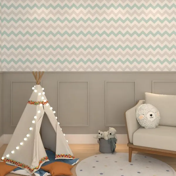 Chevron Verde e Cinza — ambiente com o papel de parede aplicado
