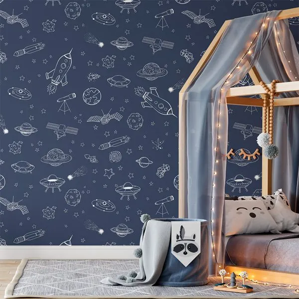 Desenhos Espaço Azul — ambiente com o papel de parede aplicado