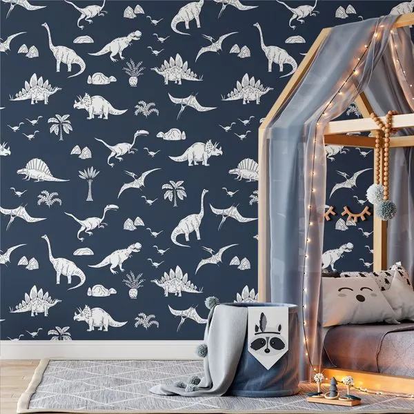 Dinos Azul — ambiente com o papel de parede aplicado