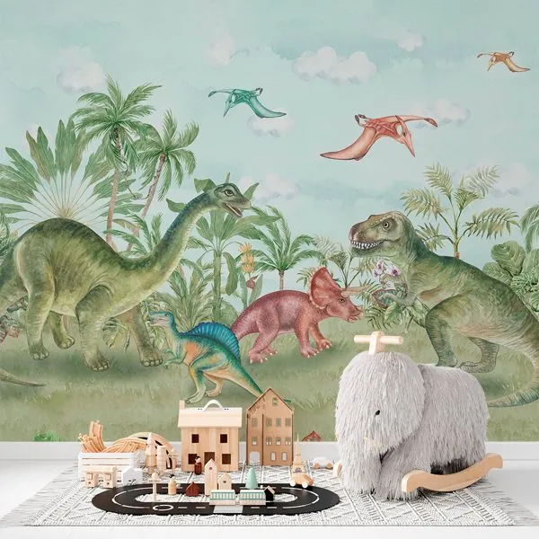 Era dos Dinossauros — ambiente com o papel de parede aplicado