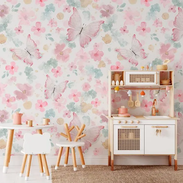 Flores e Borboletas Aquarela — ambiente com o papel de parede aplicado