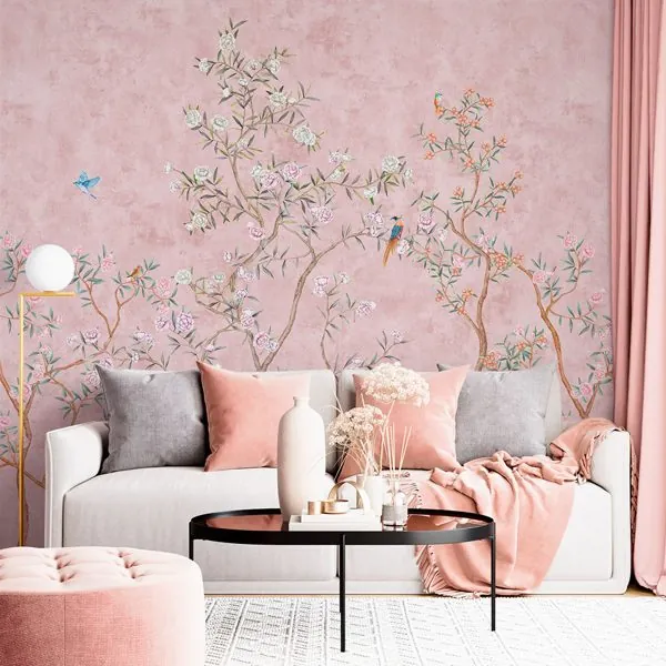 Flores e Pássaros Rose — ambiente com o papel de parede aplicado