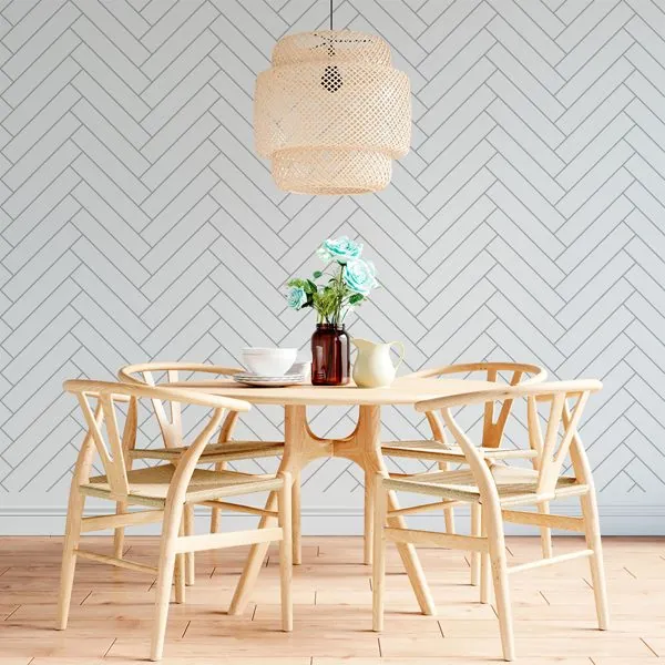 Ladrilhos Chevron Branco — ambiente com o papel de parede aplicado