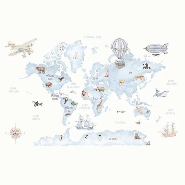 Mapa Mundi Infantil Aquarela Azul — estampa do papel de parede