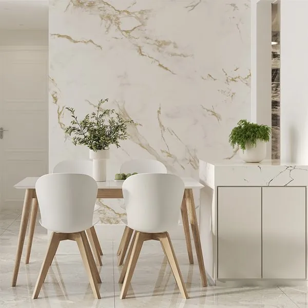 Mármore Calacata Dourado — ambiente com o papel de parede aplicado