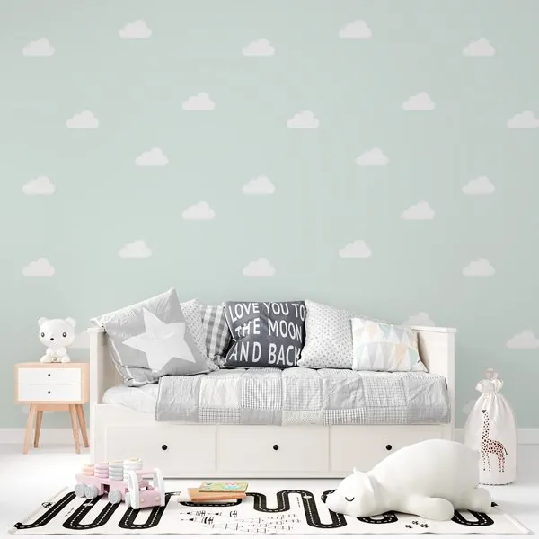 Nuvem Mint — ambiente com o papel de parede aplicado