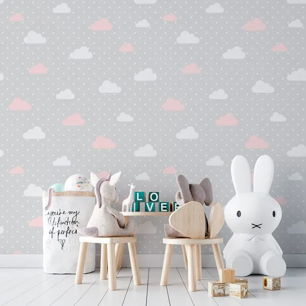 Nuvens Poa Rosa — ambiente com o papel de parede aplicado