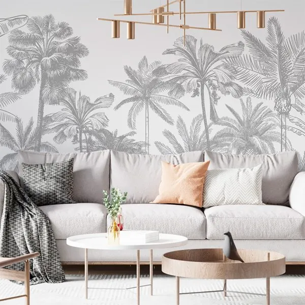 Palm Trees Monocromática Cinza — ambiente com o papel de parede aplicado