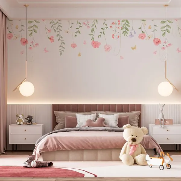 Pendente Floral Cute — ambiente com o papel de parede aplicado