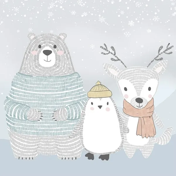 Pinguim com Amigos Urso e Rena — estampa do papel de parede