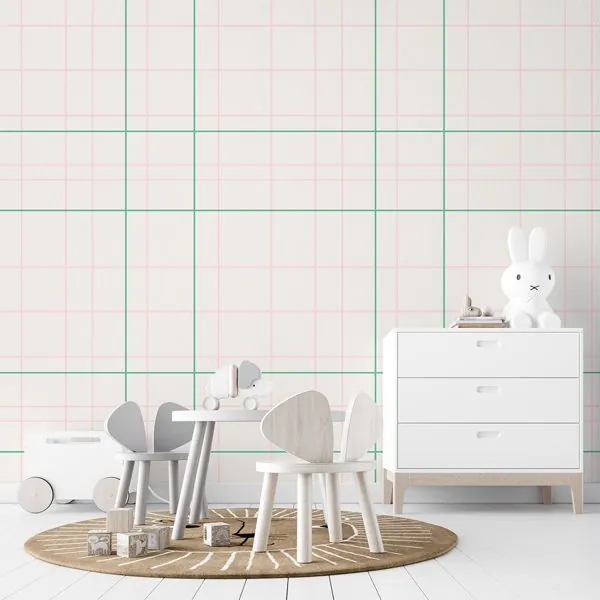 Quadriculado do Campo Rosa e Oliva — ambiente com o papel de parede aplicado