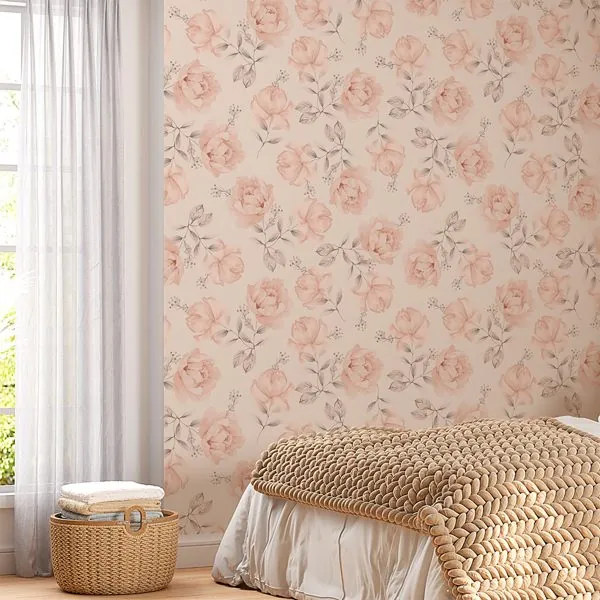 Rosas Pastel Tone — ambiente com o papel de parede aplicado