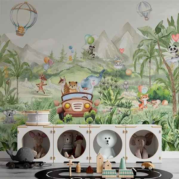 Safari Aquarela — ambiente com o papel de parede aplicado