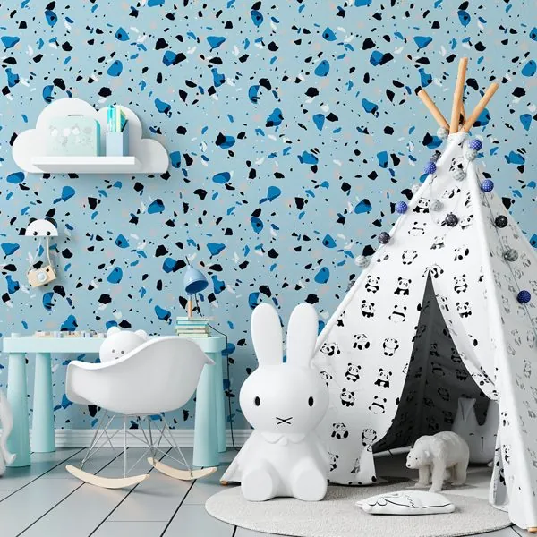 Terrazzo Azul — ambiente com o papel de parede aplicado