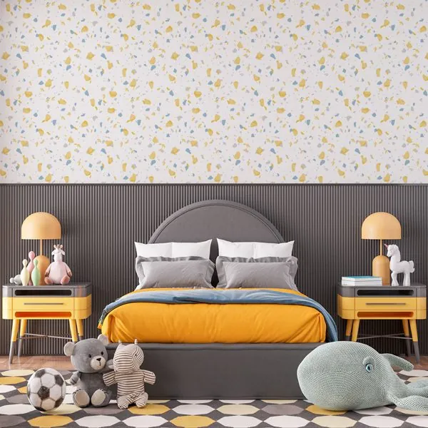 Terrazzo Clean Amarelo e Azul — ambiente com o papel de parede aplicado