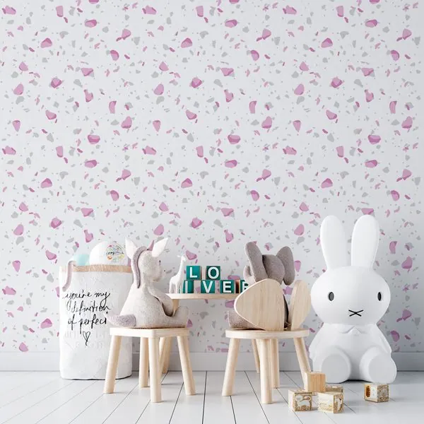 Terrazzo Clean Rosa — ambiente com o papel de parede aplicado