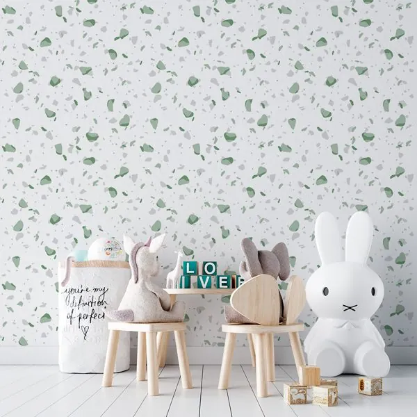 Terrazzo Clean Verde — ambiente com o papel de parede aplicado