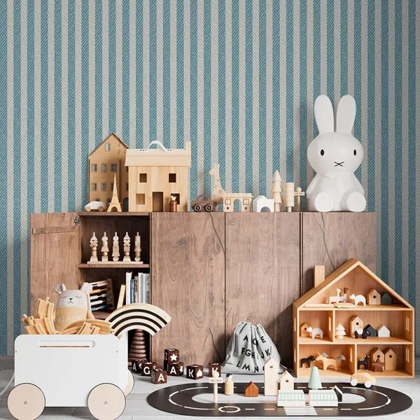 Textura Sarja Tramada Azul — ambiente com o papel de parede aplicado
