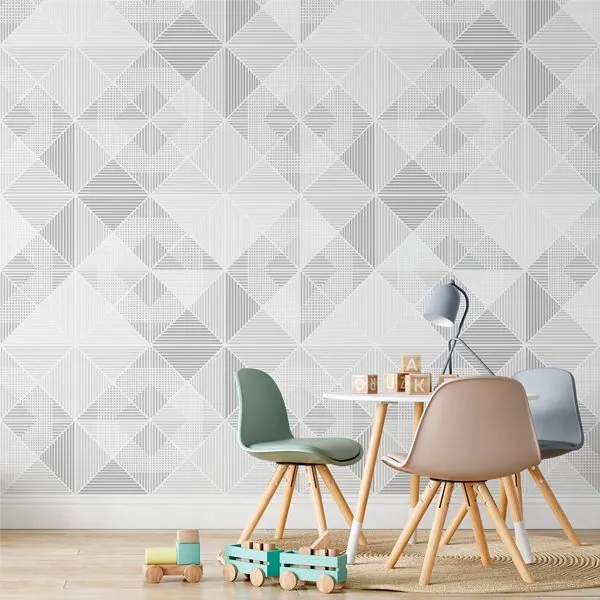 Triângulos Listrados Cinza — ambiente com o papel de parede aplicado