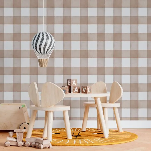 Xadrez Estonado Soft Mocha Mousse — ambiente com o papel de parede aplicado