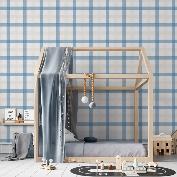 Xadrez Intercalado Azul e Bege — ambiente com o papel de parede aplicado