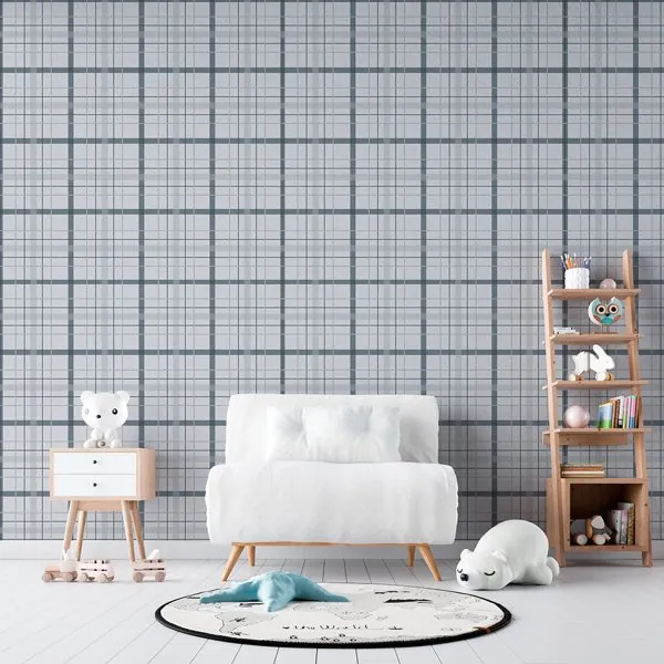 Xadrez Jeans Azul Soft — ambiente com o papel de parede aplicado